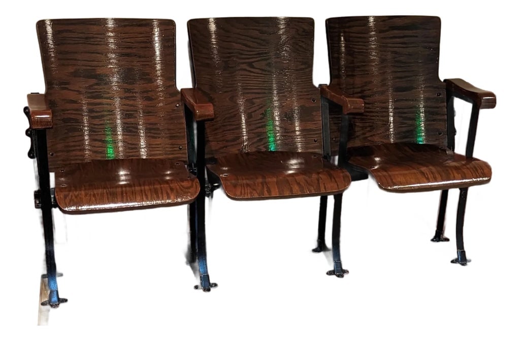 Antique Theater Chairs - Late 1800s: An incredible and rare set of three antique theater chairs from the historic Oak Park Club in Oak Park, Illinois, dating all the way back to the late 1800s! These chairs were originally installed in