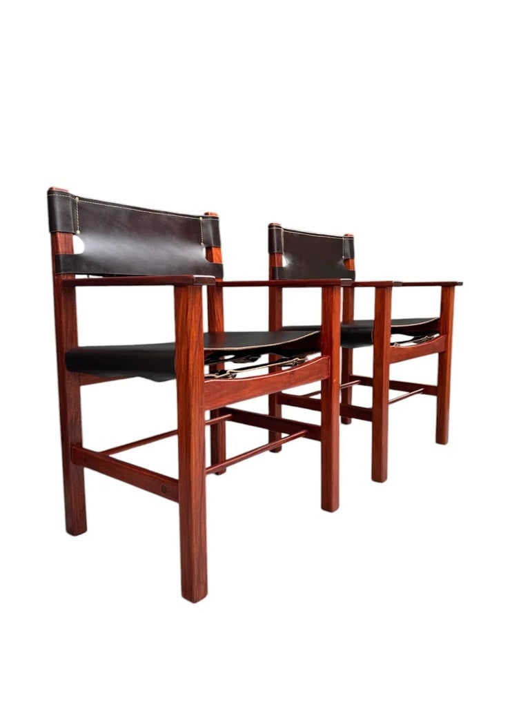 Late 20th Century Pair of Vintage Mid-Century Modern Leather and Wood Spanish/Safari Style Armchairs - 2