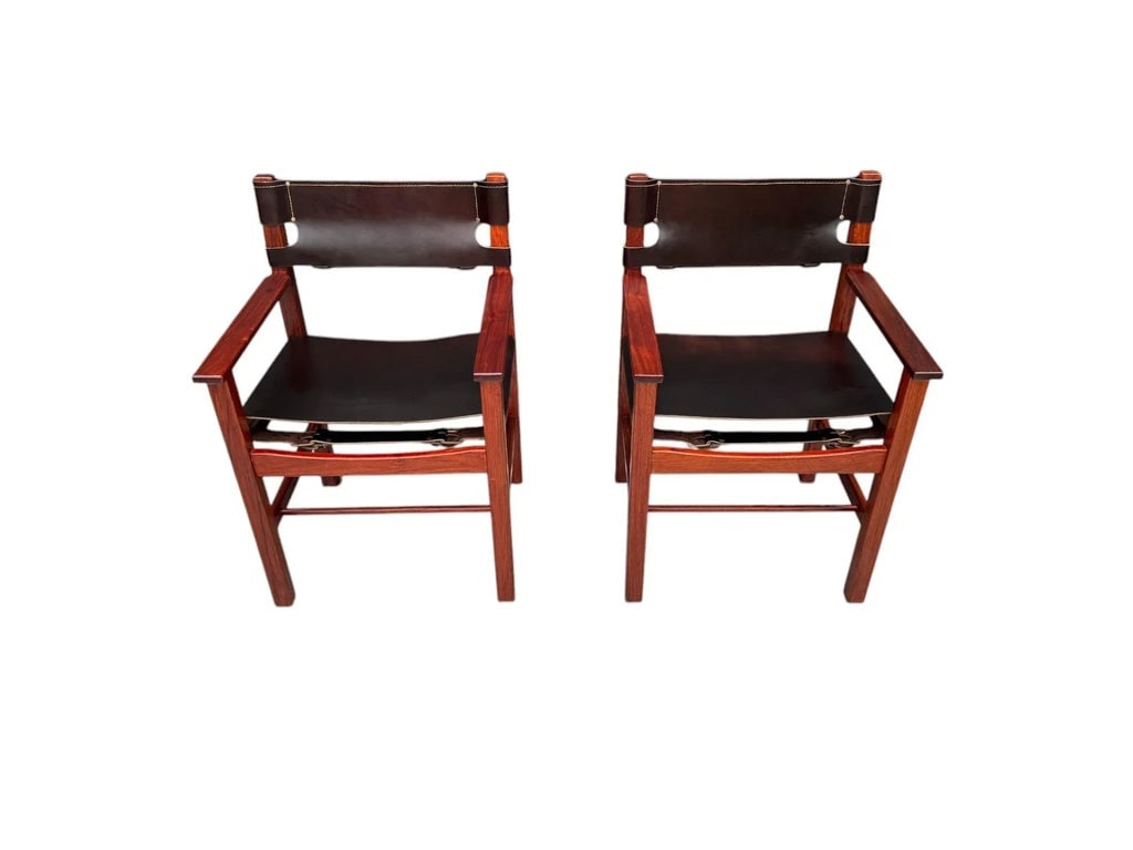 Late 20th Century Pair of Vintage Mid-Century Modern Leather and Wood Spanish/Safari Style Armchairs - 5