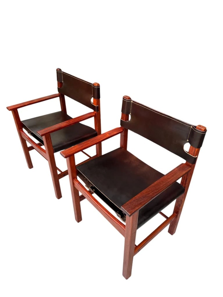Late 20th Century Pair of Vintage Mid-Century Modern Leather and Wood Spanish/Safari Style Armchairs - 7