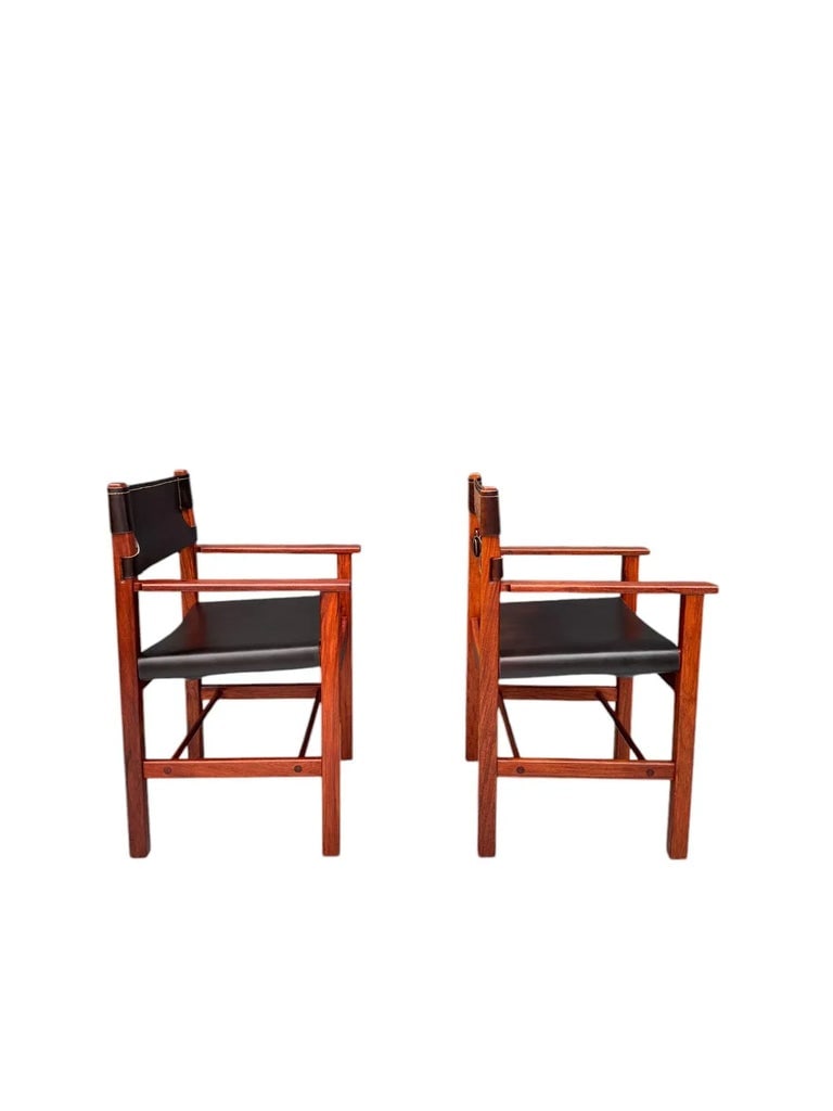 Late 20th Century Pair of Vintage Mid-Century Modern Leather and Wood Spanish/Safari Style Armchairs - 8