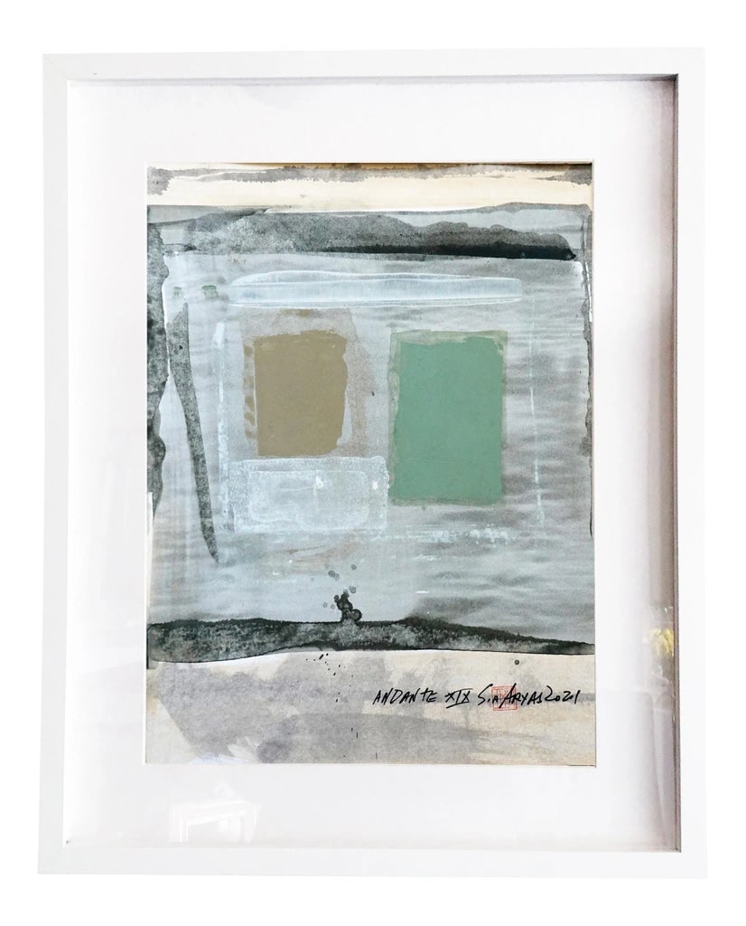 "Andante XIX" Contemporary Abstract Mixed-Media Painting, Framed: I used muted tones in this series, this combination of pastel colors have a wonderful effect on human emotions. Would this painting makes you feel happier in your room? Painting is 14X17" comes