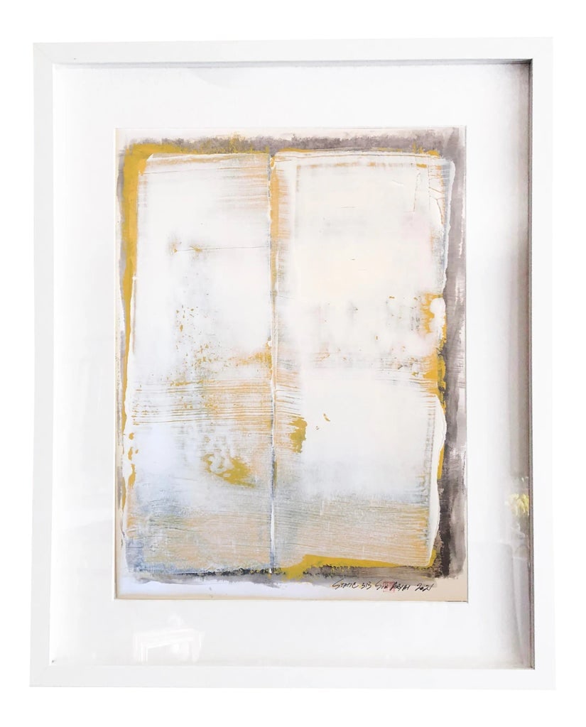"Static 313" Contemporary Minimalist Abstract Yellow Mixed-Media Painting, Framed: Static 313 Framed one of a kind painting with layers of yellow and gray. This lively original painting on heavy stock with elevated details is brilliant for modern spaces. brings to life elegant and c
