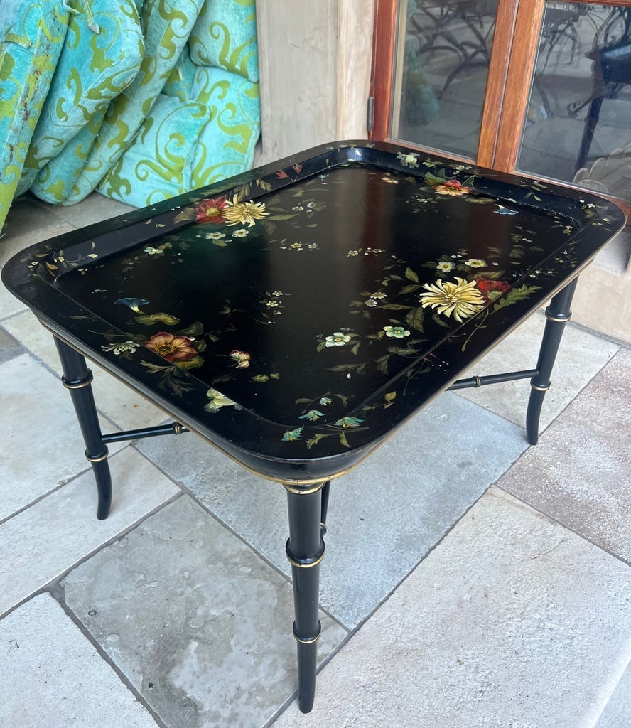 Victorian Black Lacquered Hand Painted Tray Table - 2