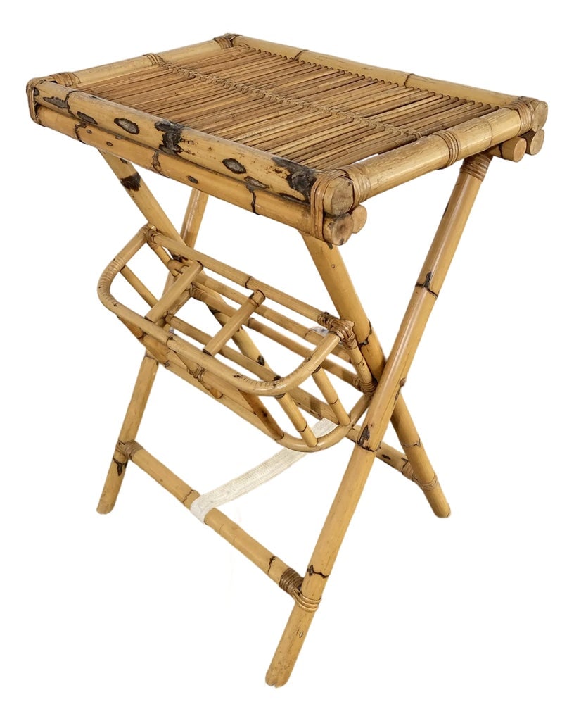 Vintage Bamboo Collapsible Butler Table With Wine Storage: Vintage collapsible bamboo tray top service table featuring removable tray top and collapsible base with three holsters for bottles. Minor age wear. Sturdy. Condition: Alterations: Original Condition