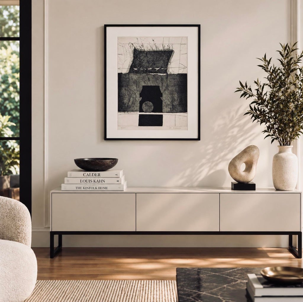 Mid-Century Black & White Geometric Abstract Painting, by Artist Scunio, 31.25" H X 24.25" W - 2