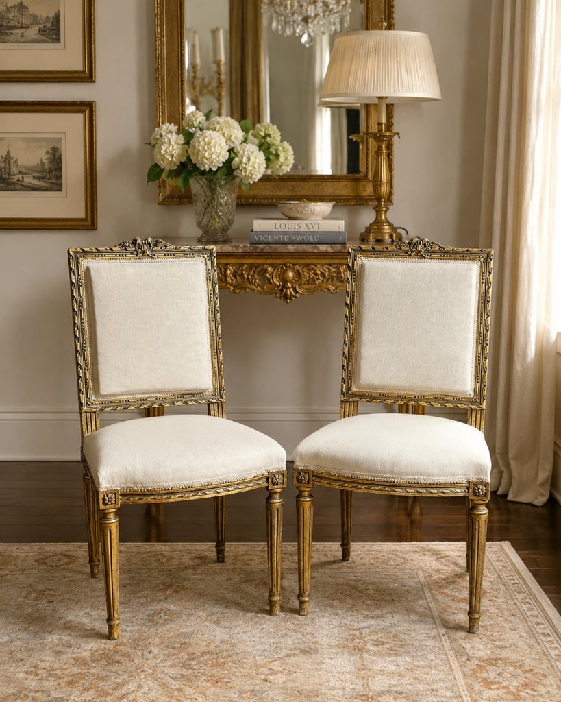 Pair of Mid-20th Century Louis XVI Style Giltwood Side Chairs With Cream Linen Upholstery - 2