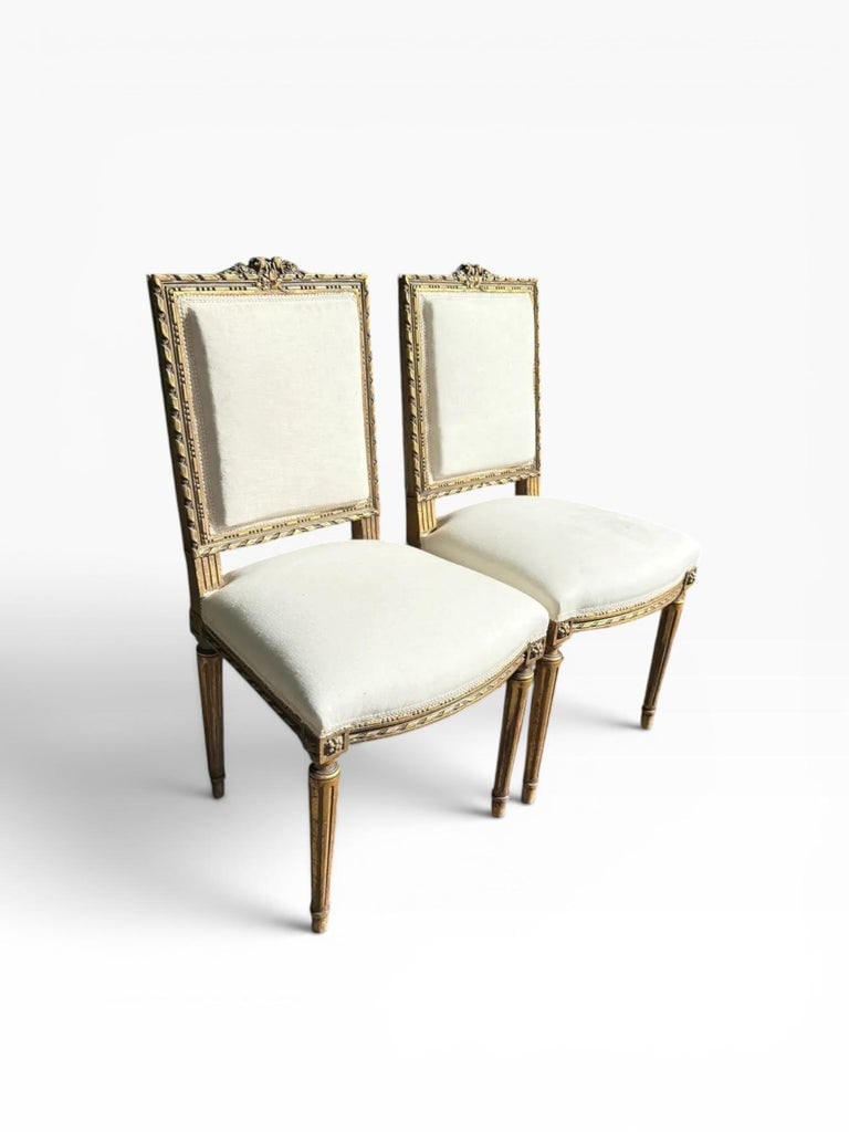 Pair of Mid-20th Century Louis XVI Style Giltwood Side Chairs With Cream Linen Upholstery - 3