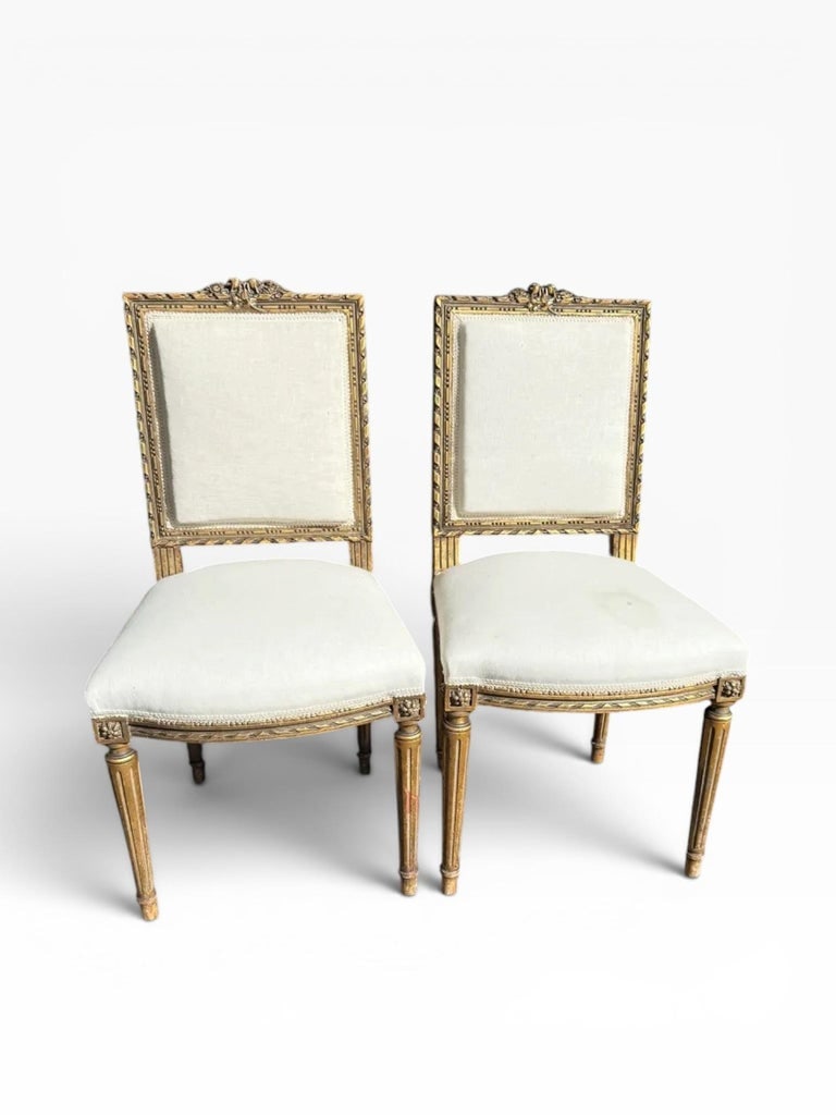 Pair of Mid-20th Century Louis XVI Style Giltwood Side Chairs With Cream Linen Upholstery - 7