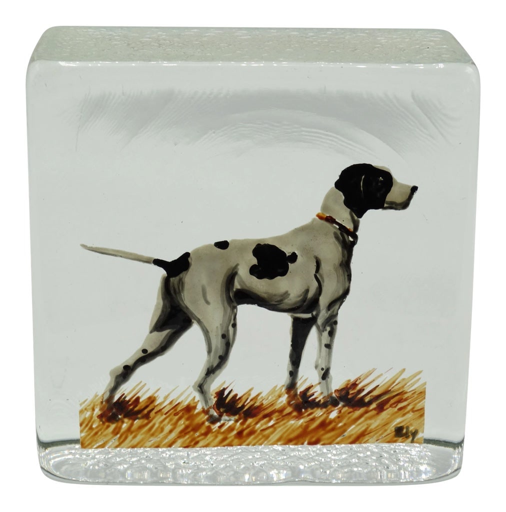 Hand Painted Dog Paperweight Bookend: Hand painted hunting dog one of a kind paperweight and bookend. The talented artist has depicted a sporting dog on point on a vintage glass block. Signed indistinctly, lower right. It's a great desk