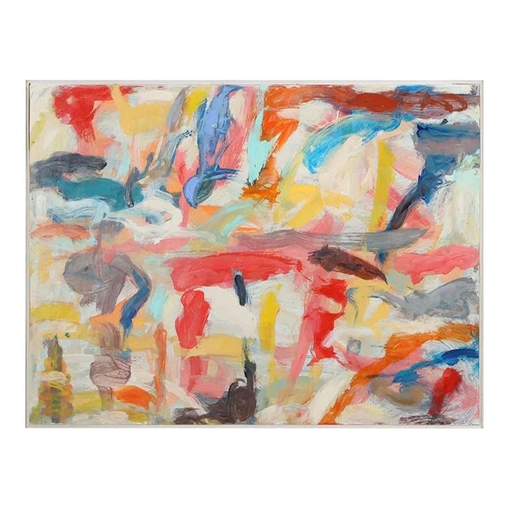 Vintage Abstract Expressionist Oil Painting Steven Jennis 25.5 X 33.5: Fabulous Abstract Oil Painting by Listed American Artist Steven Jennis. Colorful Busy Composition on Board behind Glass. White Wood Frame. Signed on Verso. Art Measures 24 x 31.75 Frame Measures