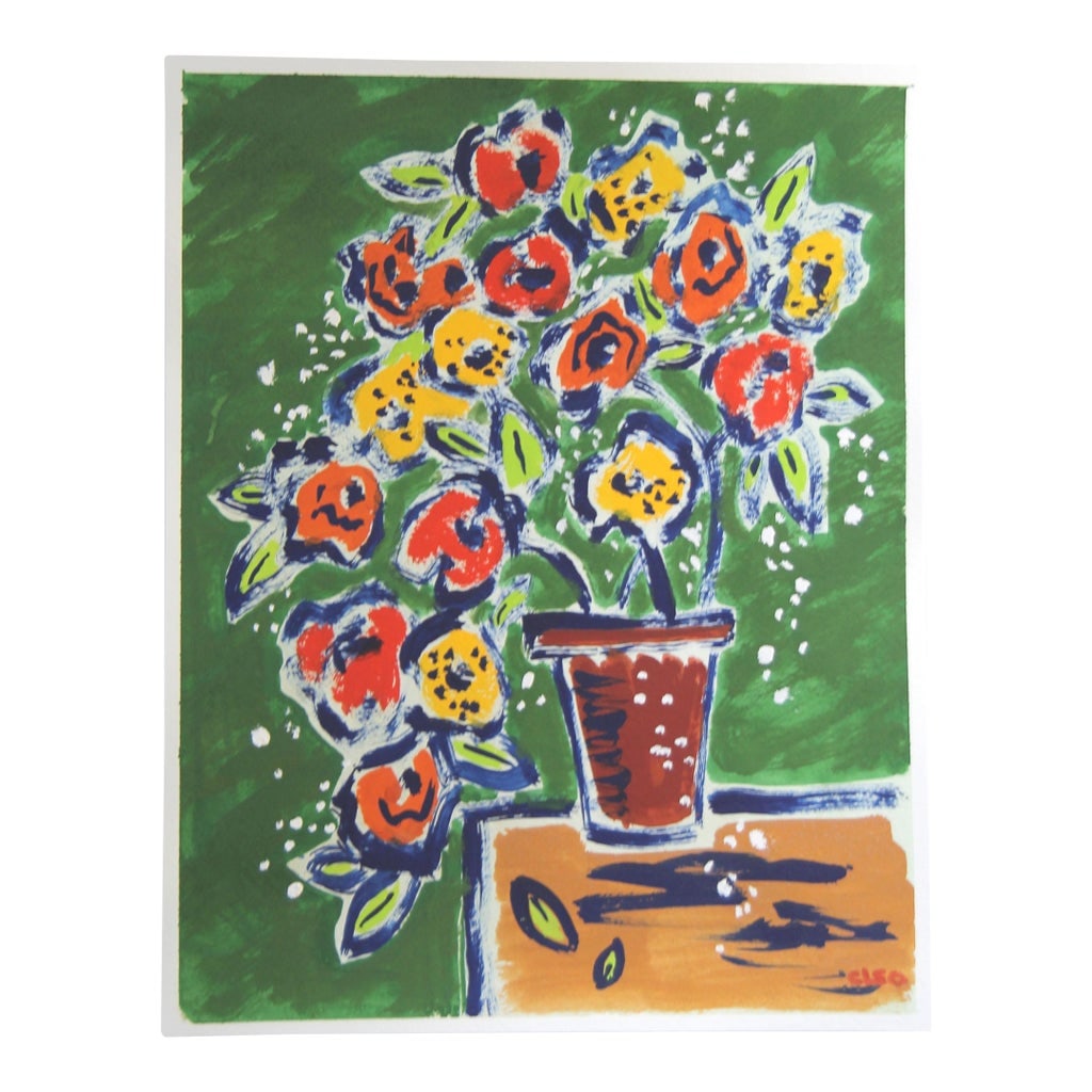 Impressionist Flowers Interior Still Life Green, Gold, Orange, Navy Blue Original Painting by Cleo P: Fauvist impressionist floral still life with vase, a la Matisse, in shades of green, navy blue, orange, red violet, and yellow, in an interior. Abstract flowers. Coordinating paintings must be purchas
