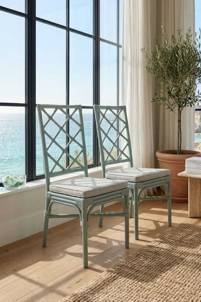 Vintage Coastal Blue Rattan Lattice Back Dining Chair | Chinoiserie Hollywood Regency Style - 2