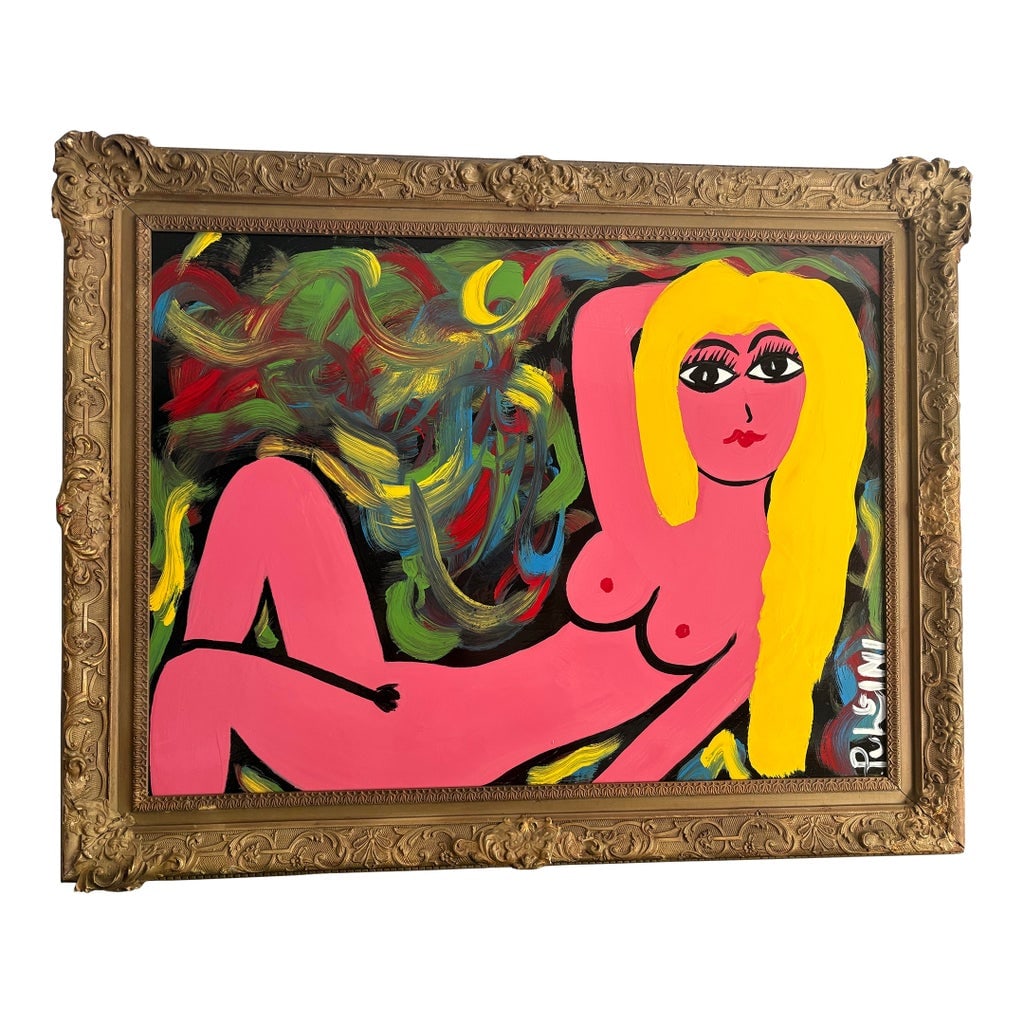 Original Painting on Board of a Nude by Thomas Pulgini (B. 1965): Thomas Pulgini, American, Pop-Art Abstract Oil on Board Painting Reclining Nude Woman, Signed. Well Listed American Artist. size: 34.5 in. x 26 in. frame: 38 1/2" x 30"; Thomas Pulgini, Born 1965 in