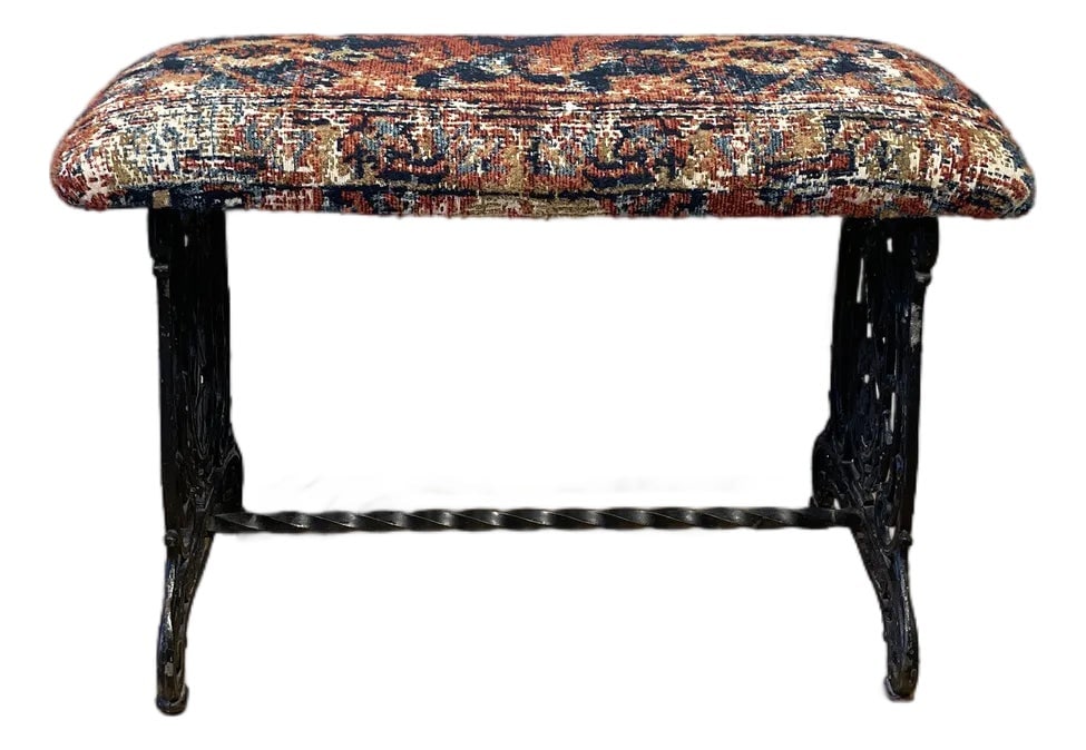 Antique Cast Iron Bench: This 1900's antique cast iron metal Spanish revival bench has been newly reupholstered in beautiful fabric. Perfect for hallway or window. Condition: Alterations: Original Design Modified