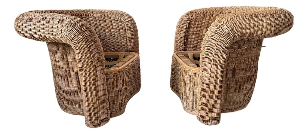 1960s Modern Sculptural Wicker Chairs a Pair: Very simple, very sculptural. Older bamboo frame construction. Condition: Alterations: Original Condition Unaltered Imperfections: Needs Restoration Condition Notes: Leather straps should've