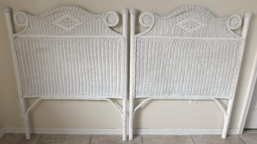 Pair Vintage C1980s Ornate White Wicker Twin Size Headboards - 3