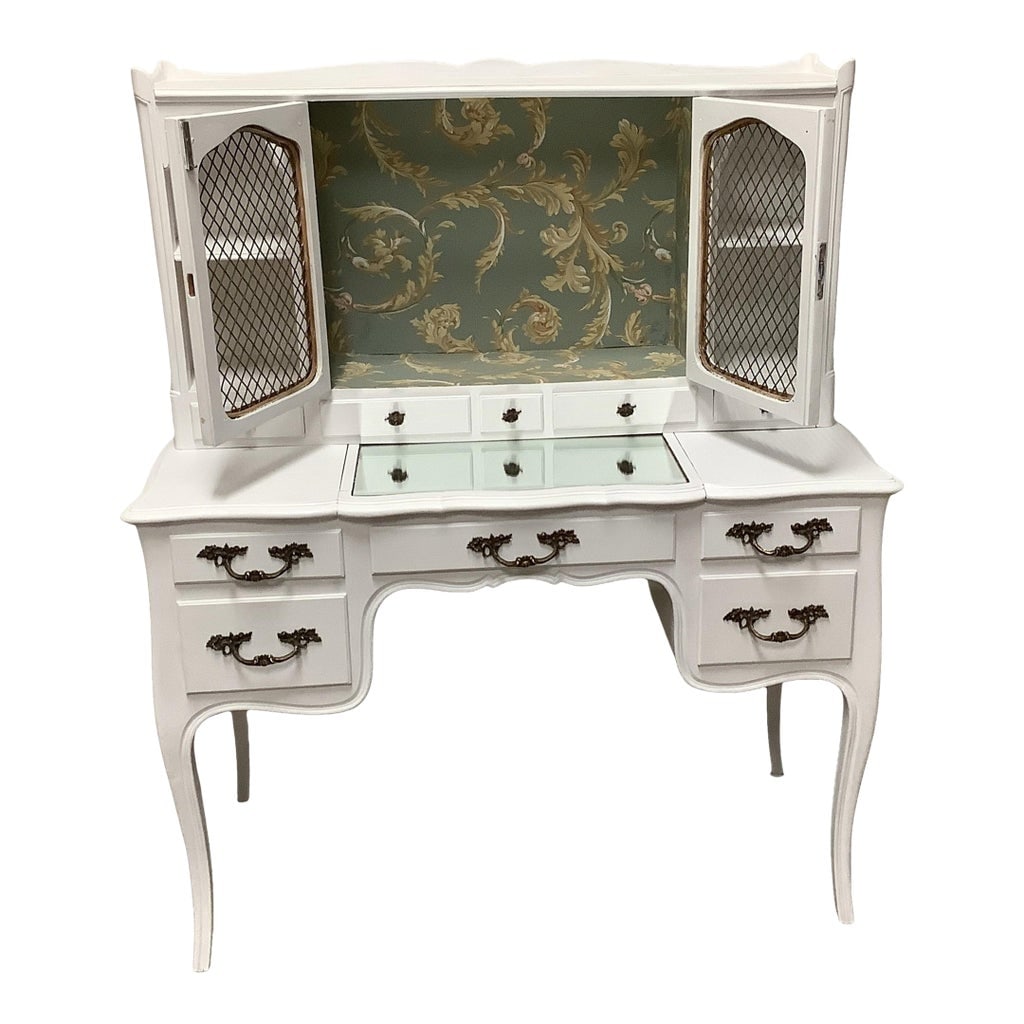 Vintage Vanity or Desk French Country Painted White Wire Doors Mirrored Top Multiple Drawers Wallpap: Gorgeous vintage solid wood French Country vanity or desk. Really so many uses. Perfect for vanity and jewelry storage or would make a great small writing desk. There is so much storage, drawers, open