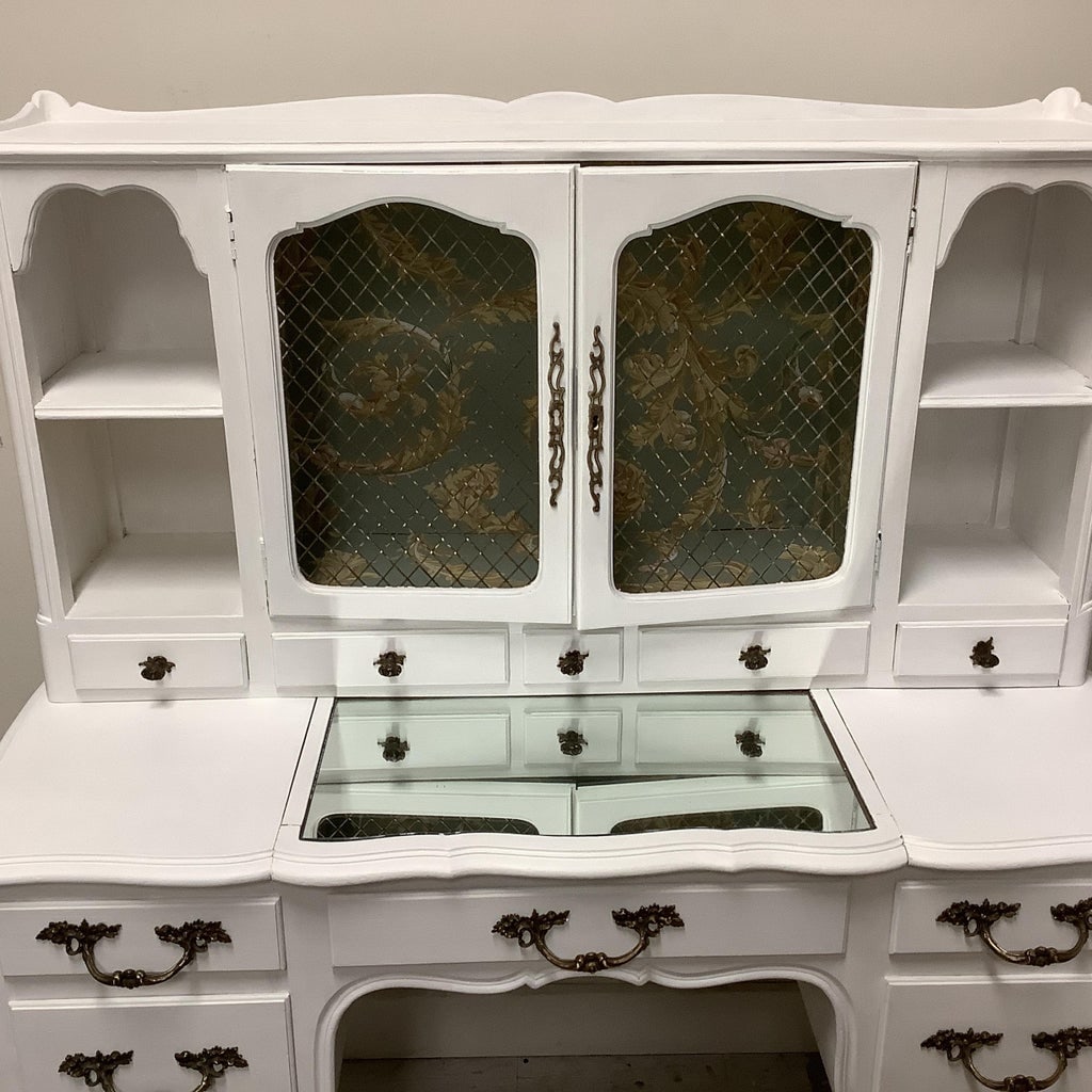 Vintage Vanity or Desk French Country Painted White Wire Doors Mirrored Top Multiple Drawers Wallpap - 8
