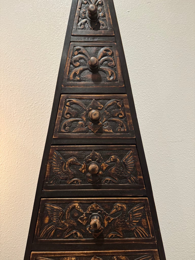 Vintage Indonesian Style Hand-Carved Wood Pyramid Chest, 11 Drawers, 60" - 2