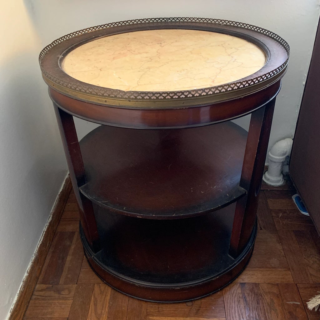 Antique Round Marble-Top Wood Side Table - 2