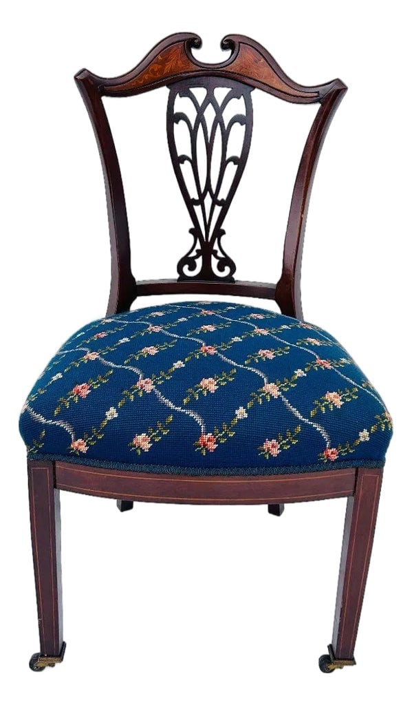 Antique Needlepoint Seat Inlaid Mahogany Chair: Antique Needlepoint Floral Design Seat, Inlaid Mahogany Chair , Shoulder joint repaired , last picture shown, it is sturdy. 36.5"H 18.5"W 21"D Seat H 17" Condition: Alterations: Restored
