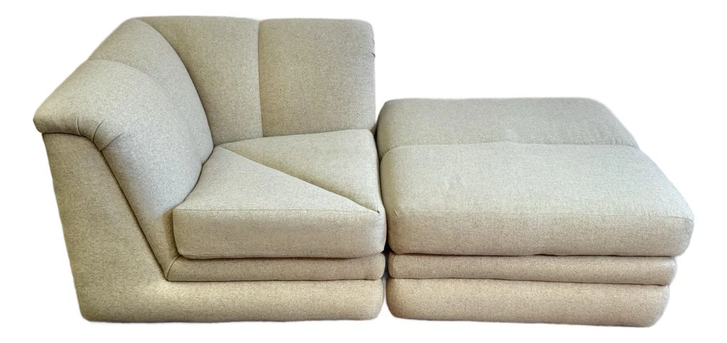 Vintage Soft Beige Tweed Chair & Ottoman Set: A beautiful soft and comfortable chair and ottoman with pale beige tweed upholstery. Add in the second ottoman to make a cozy relaxing corner set, perfect for lounging on. C.1990's. Bernhardt style, u
