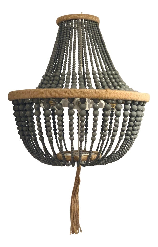 Organic Modern Gray Bead Chandelier: Stylish Organic Modern Lavender Bead Chandelier, natural woven tassel, showroom floor sample Condition: Imperfections: Some Imperfections Condition Notes: Showroom floor sample, not brand new from a