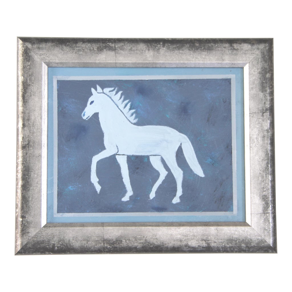 Horse Minimalsim Folk Art Americana Boho Abstract Blue Gray With Border Original Oil Painting Cleo P: An elegant horse silhouette in shades of dark blue, pale blue, gray blue and gray border. Minimalism, Contemporary, Folk Art, English Traditional. Framed in a quality classic, silver and black wooden