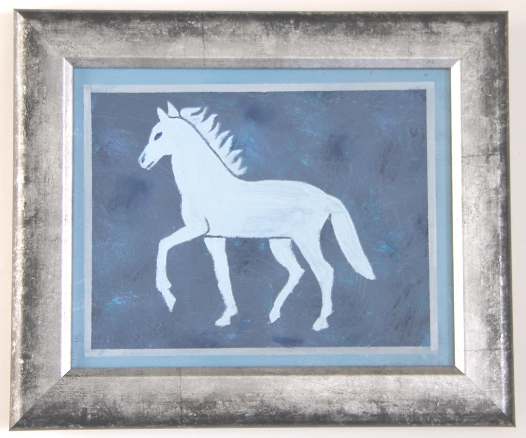 Horse Minimalsim Folk Art Americana Boho Abstract Blue Gray With Border Original Oil Painting Cleo P - 2