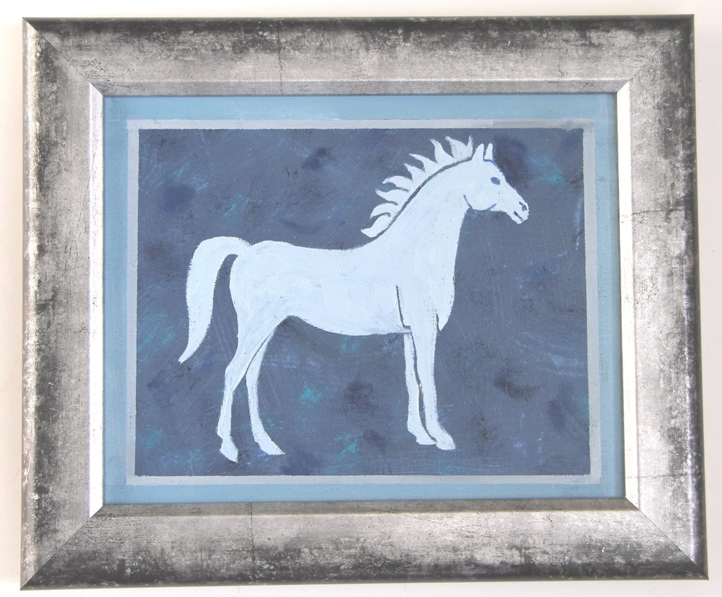 Horse Minimalsim Folk Art Americana Boho Abstract Blue Gray With Border Original Oil Painting Cleo P - 3
