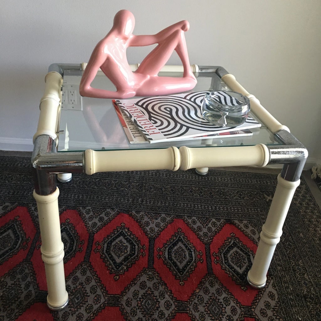 1970s Hollywood Regency Bamboo Styled Turned Wood & Chrome Corner Side Table - 2