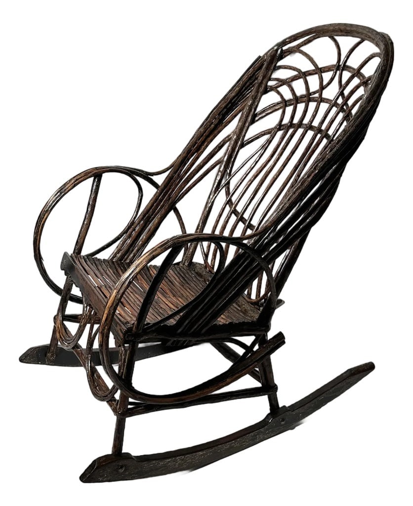 Antique Adirondack, Lake House Folk Art Twig Bentwood Rocking Chair: Antique Adirondack Twig Rocking Chair. This stunning chair features an elaborate woven back, and scrolling arm design, with several old coats of paint from years past. We love the rich patina on the