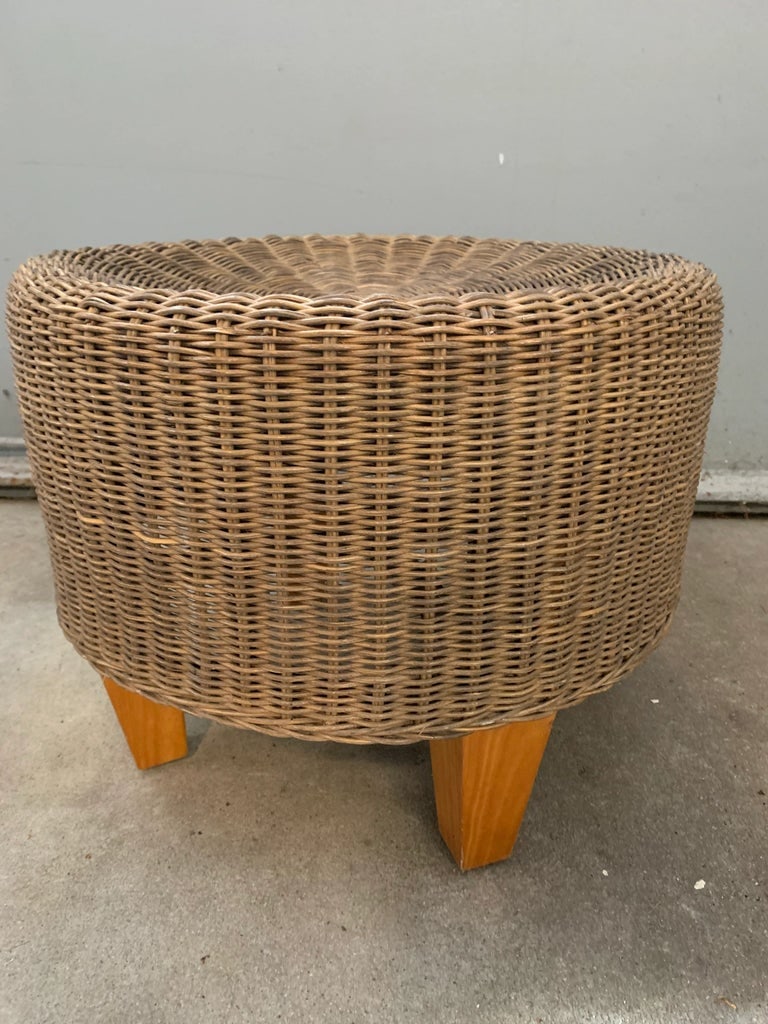 Vintage Round Wicker Ottoman - 11