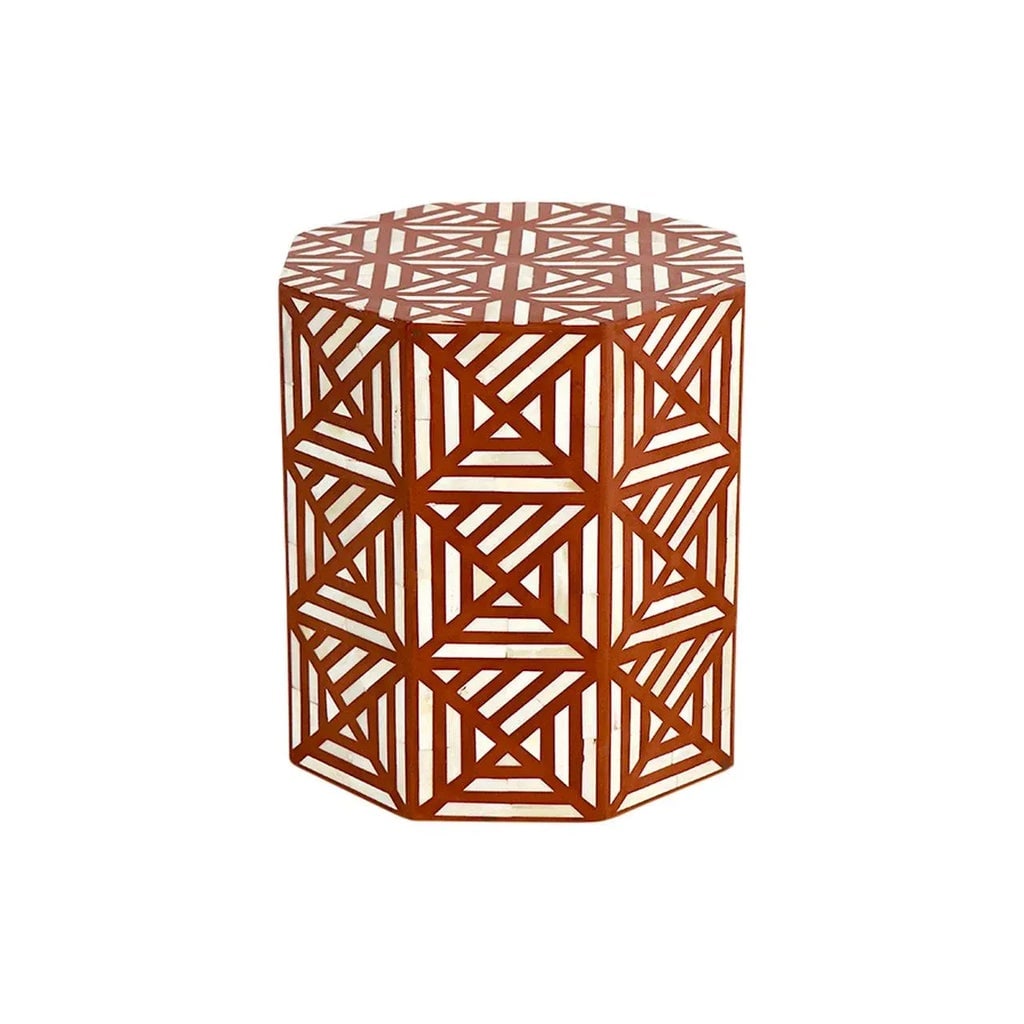 Brown Geometric Bone Inlay Drum Side Table - 2