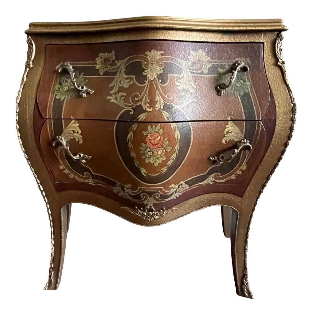 Vintage French Louis XVI Bombay Chest Commode: Gorgeous handcrafted Bombay commode with solid brass accents and exquisite hand painted details and gold gilt finish. Condition: Alterations: Original Condition Unaltered Imperfections: Some