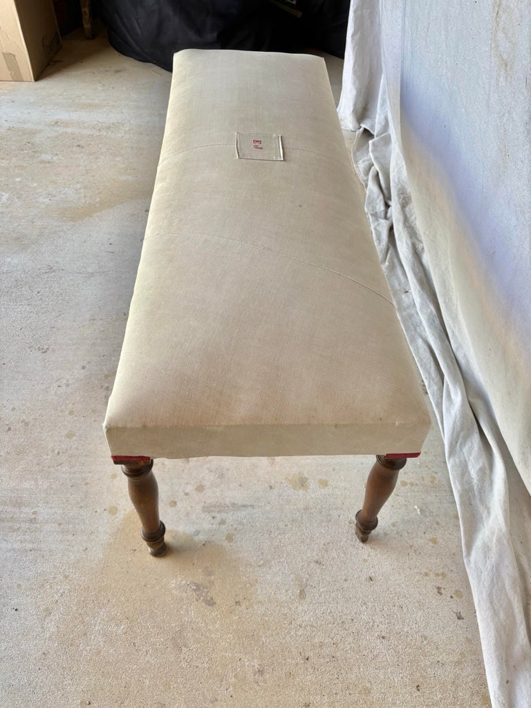 Early 20th Century French Walnut and Antique Linen Upholstered Bench - 3