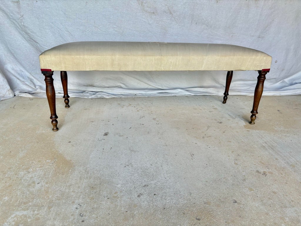Early 20th Century French Walnut and Antique Linen Upholstered Bench - 7