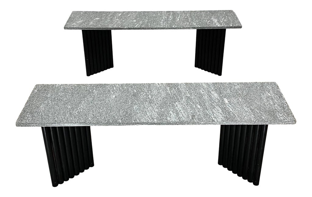 Postmodern Granite and Black Tubular Steel Base Coffee or Side Tables - a Pair: Pair of postmodern black powder-coated V-shaped tubular steel base tables with solid granite marble tops from the 1980s. Can be arranged in a multitude of variations. Each Table Measures: W13" D49.25"