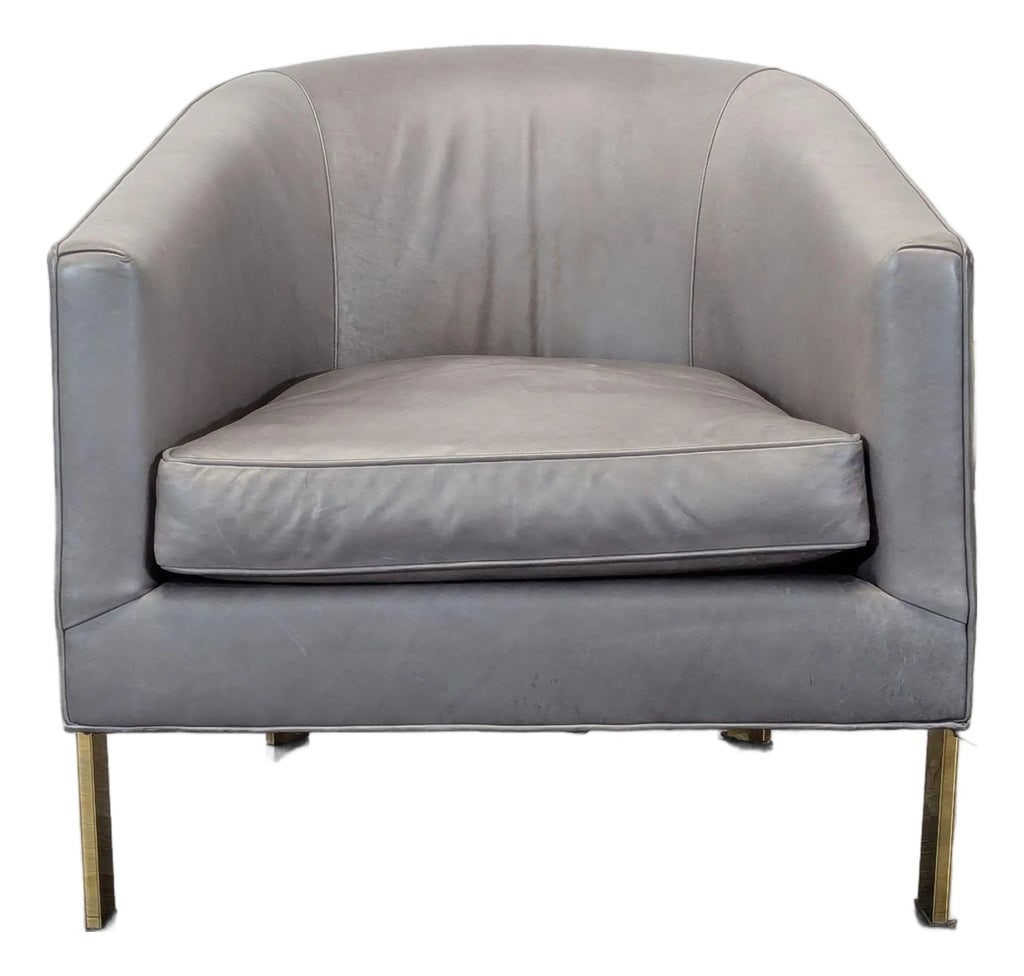 Restoration Hardware Reginald Modern Grey Leather Lounge Chair With Brass Frame: Brand Restoration Hardware Model Reginald Dimensions 30.0''W x 33.0''D x 29.2''H Seat Height 18.5 Item ID 4000209 # Pieces 1 Original Price $2,895.00 Item Location Bay Area Condition: Alterations: