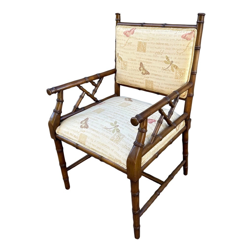 Chinese Chippendale Faux Bamboo Arm Chair: Faux bamboo arm chair. Fabric is clean and from a smoke free home. Sturdy. Condition: Alterations: Original Condition Unaltered Imperfections: Some Imperfections Condition Notes: Sturdy, clean and