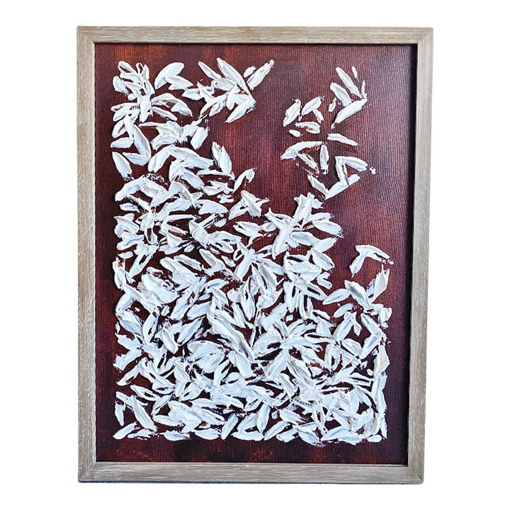 White Petals Dance - Original Textured Acrylic Painting 3d Modern Wall Art Framed Abstract Artwork 1: White Petals Dance Original 3D Textured Acrylic Painting Framed Size: 17.5" x 23.5" Artist: Tatiana Duperault This modern textured painting features bold white petal strokes layered over a deep wine-r
