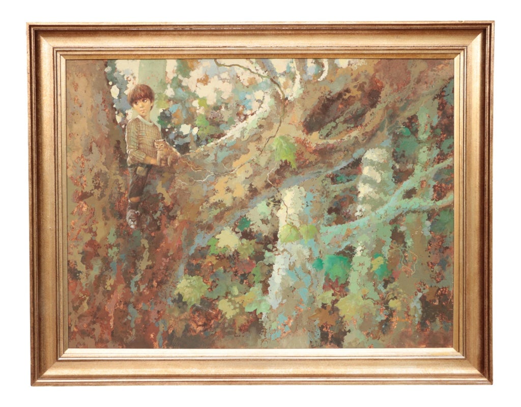 Big Eye Boy With Cat Original Painting: This large scale painting on canvas features a big eye-style little boy cradling a cat. They are surrounded by an abstract birch forest rendered in marbled greens, browns, and teal. Condition: Alterat