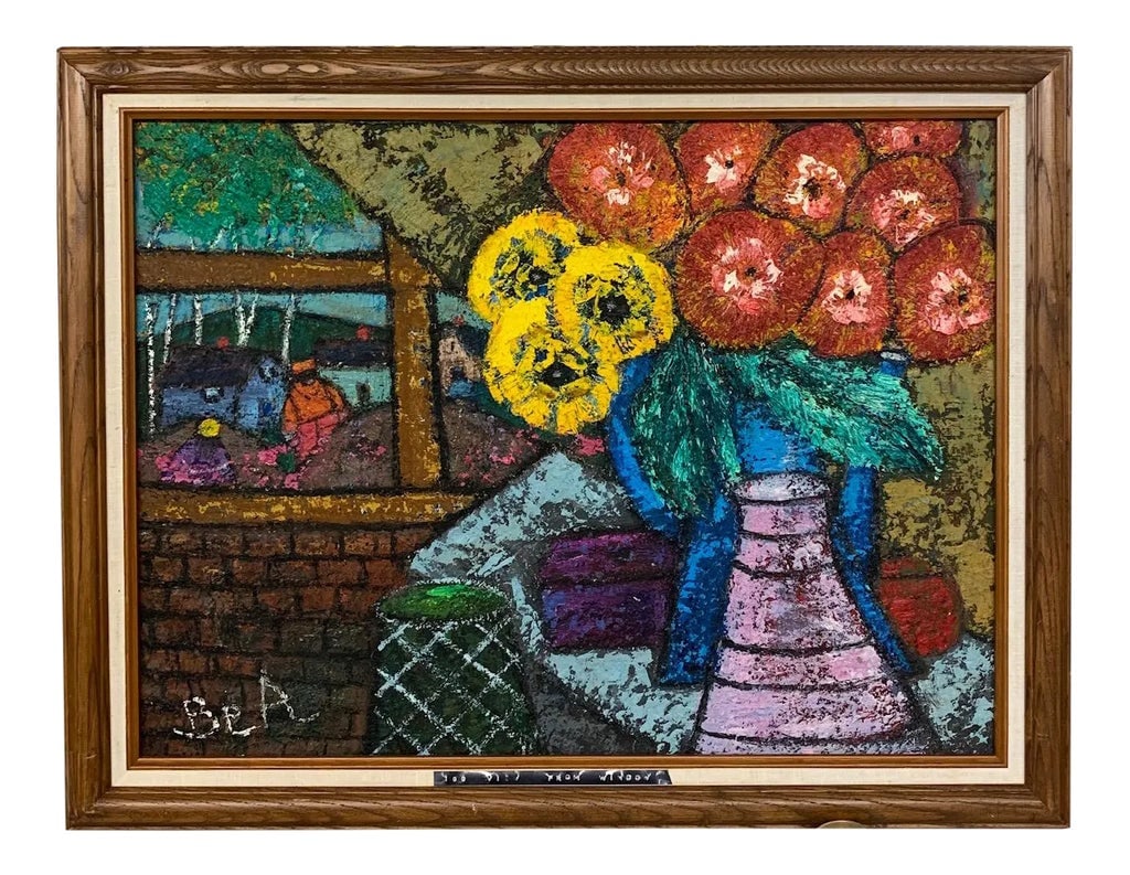 Mid 20th Century "View From the Window" Floral Still Life Interior Scene Painting by Bea Haverbusch,: Original painting by Bea Haverbusch. Heavy layered textured oil painting on canvas board measuring 18 x 24 inches. Excellent condition. Signed lower left. Titled verso on the stretcher in pen. Also