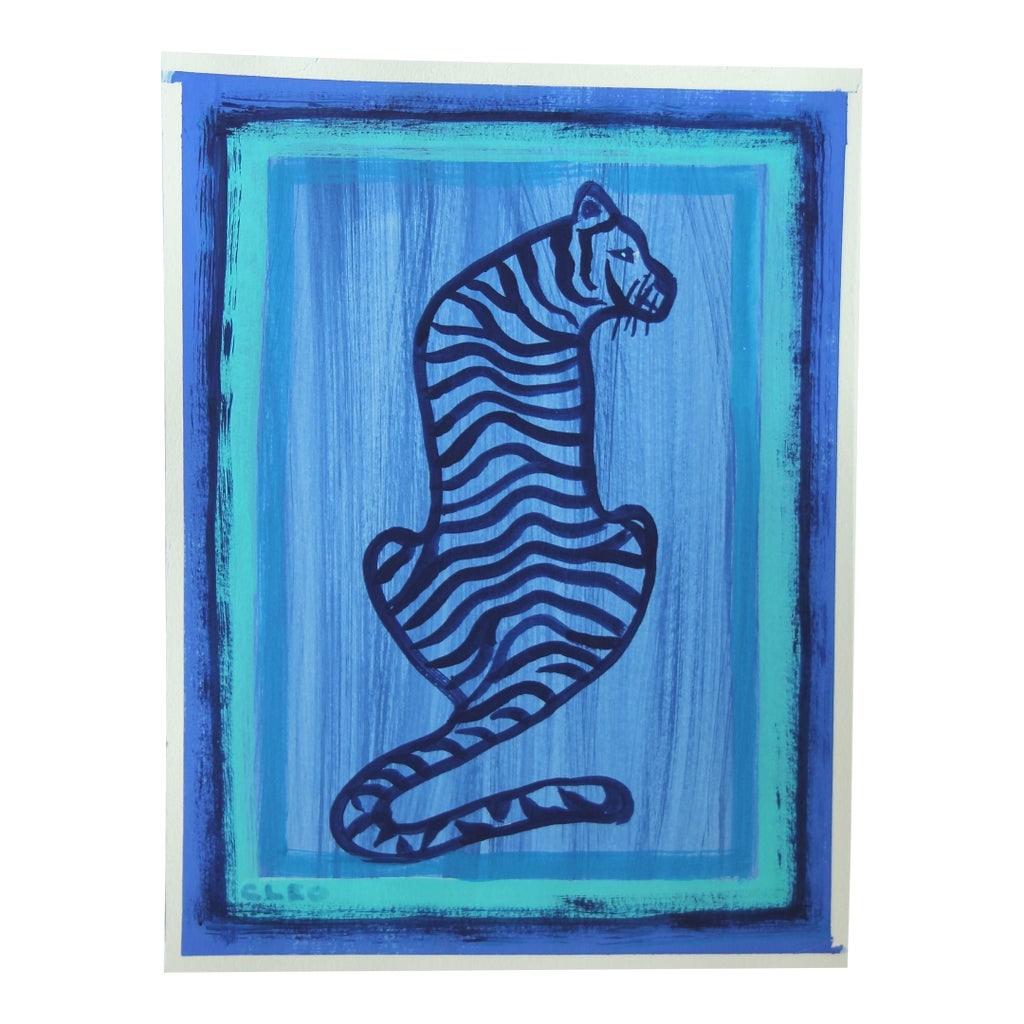 Tiger Minimalist Abstract Shabby Chic Blue Original Painting Cleo Plowden: Painting of a Tiger in rich shades of blue with multiple borders. Contemporary animal safari big cats patterns. This coordinates well with another painting shown here but must be purchased
