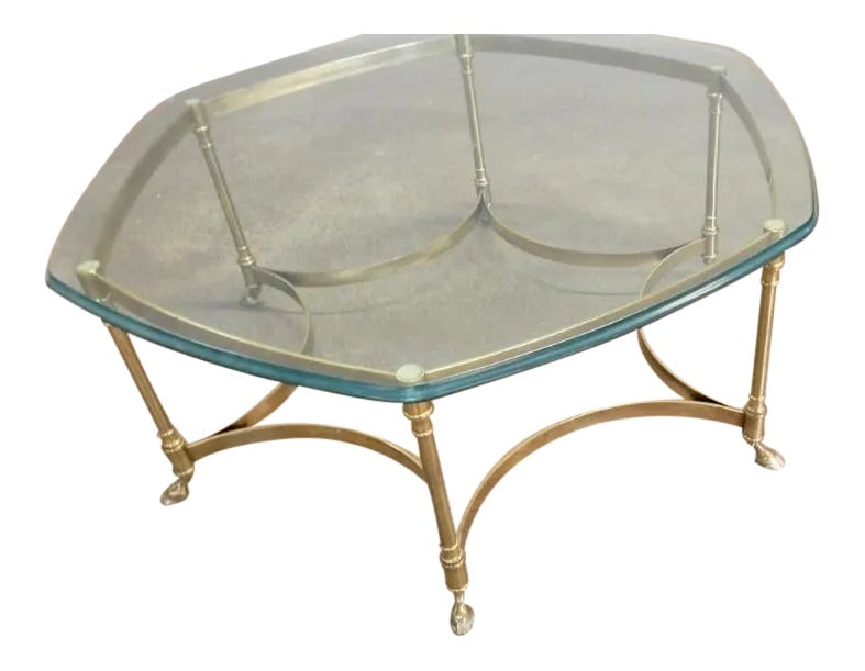 LaBarge French Regency Coffee Octagon Glass Coffee Table: Hollywood regency contemporary cocktail coffee table by Labarge. Brass and heavy glass top With hoof feet. Hexagonal. Condition: Alterations: Unknown Imperfections: Some Imperfections Condition Notes: