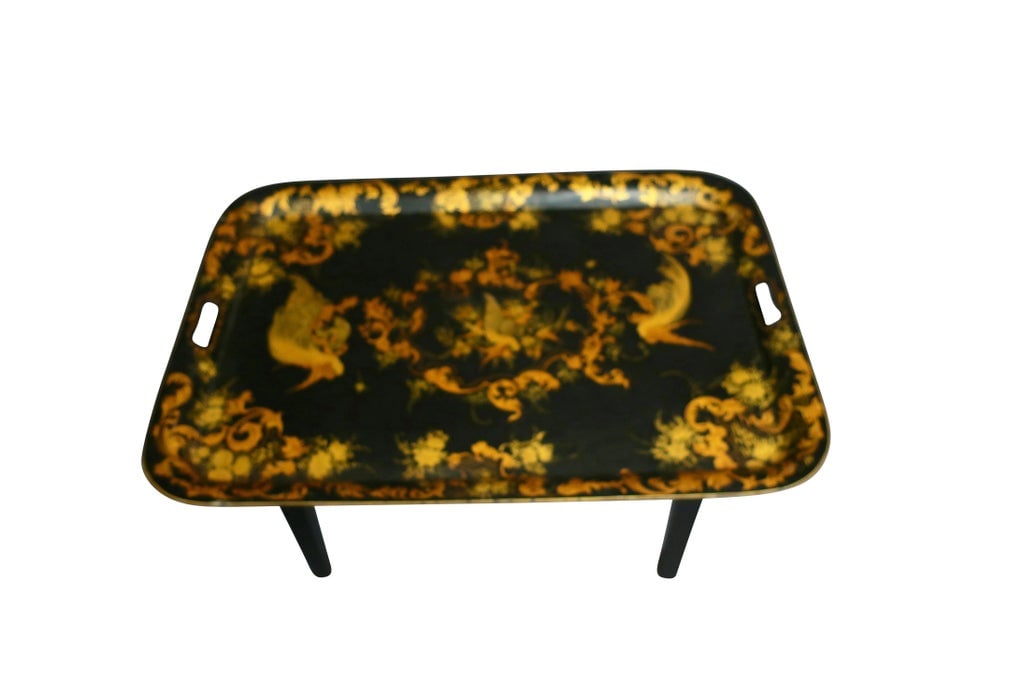 Late 20th Century Gold & Black Handpainted Tole Tray Table - 3