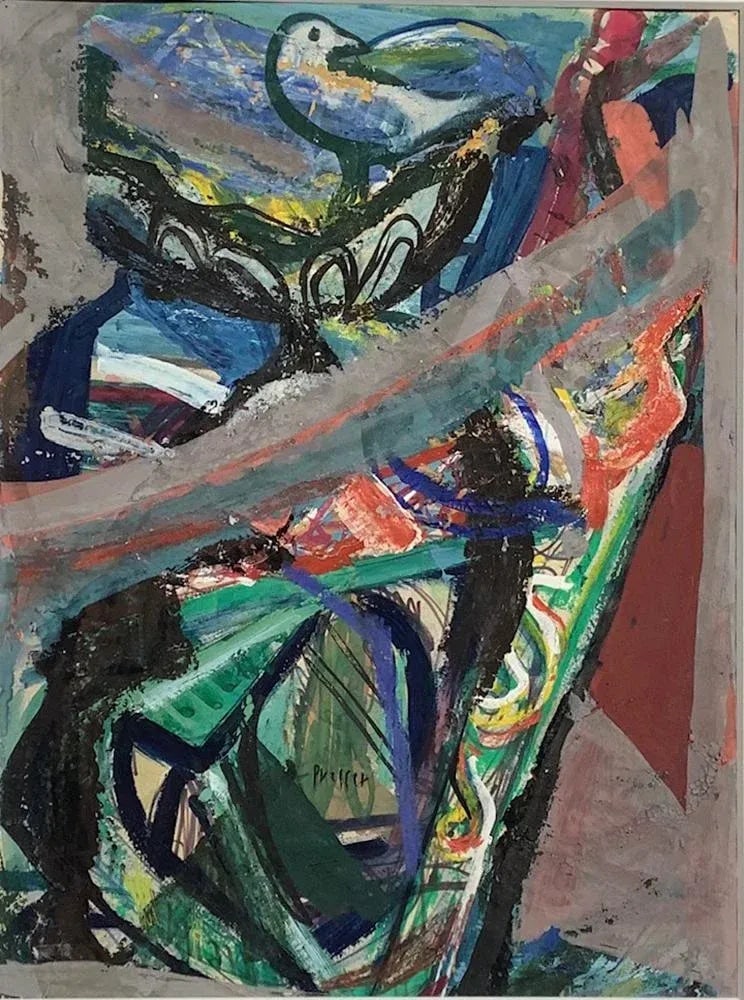 1940 Abstract Composition with Bird Oil Painting on Paper by Josef Presser - 2