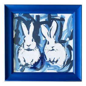 Blue Bunny Painting Original Art Framed Gold, Bunny Wall Art, Rabbit Painting Acrylic, Preppy Chinoi