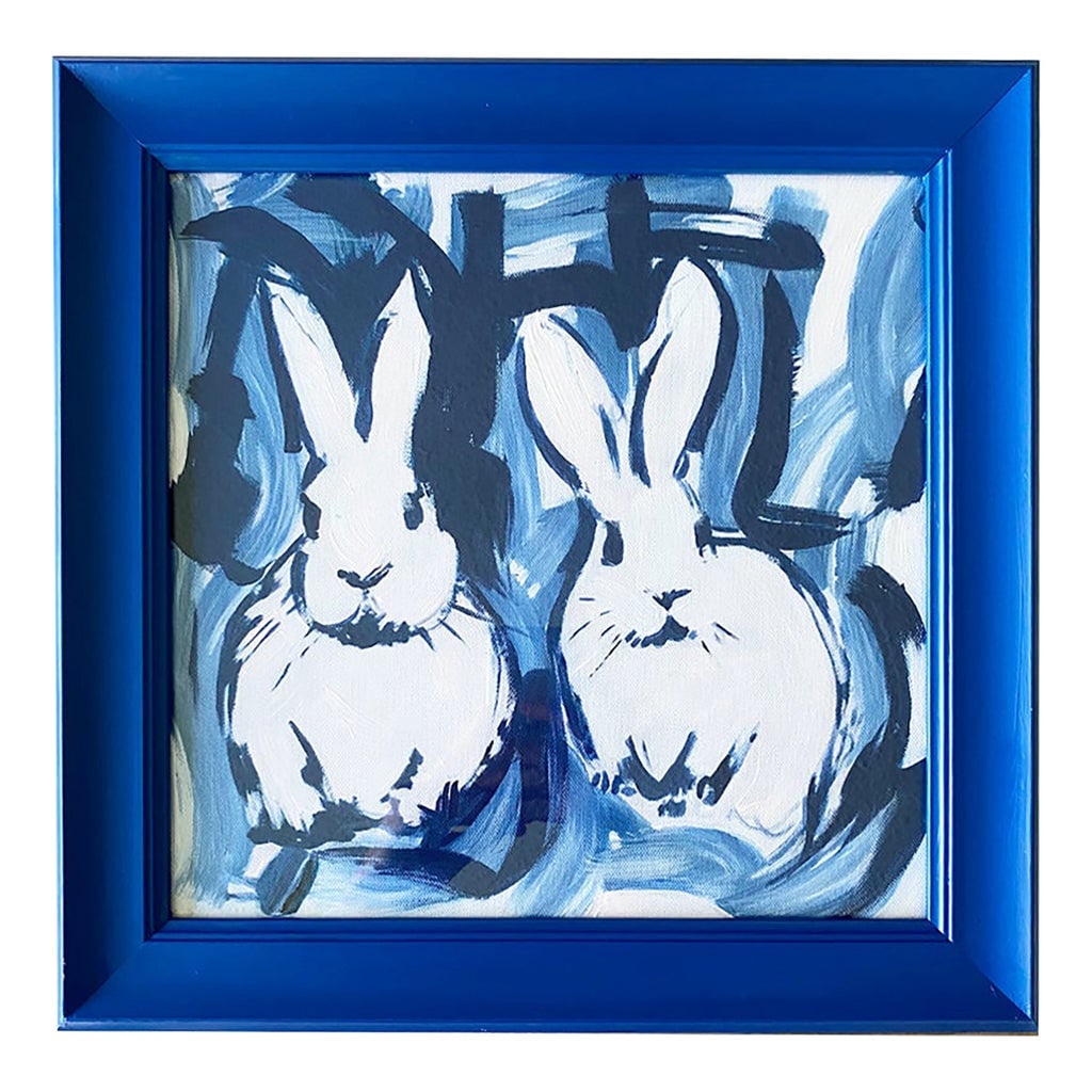 Blue Bunny Painting Original Art Framed Gold, Bunny Wall Art, Rabbit Painting Acrylic, Preppy Chinoi: Title: Bunny Hop Medium: Acrylic on canvas Artist: Original artwork painted in Florida Frame: Gold frame with glass (included) Size: 15" x 15" x 1.2" Condition: New, ready to hang :sparkles: Style &